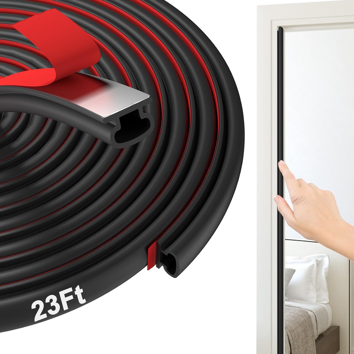 Black 23 ft self-adhesive D-profile foam door seal roll with door-frame installation example