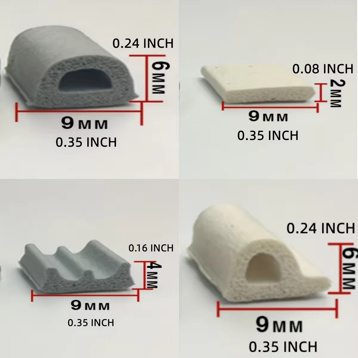 D 9 by 6 mm, I 9 by 2 mm, E 9 by 4 mm and P 9 by 6 mm foam weatherstrip cross-sections