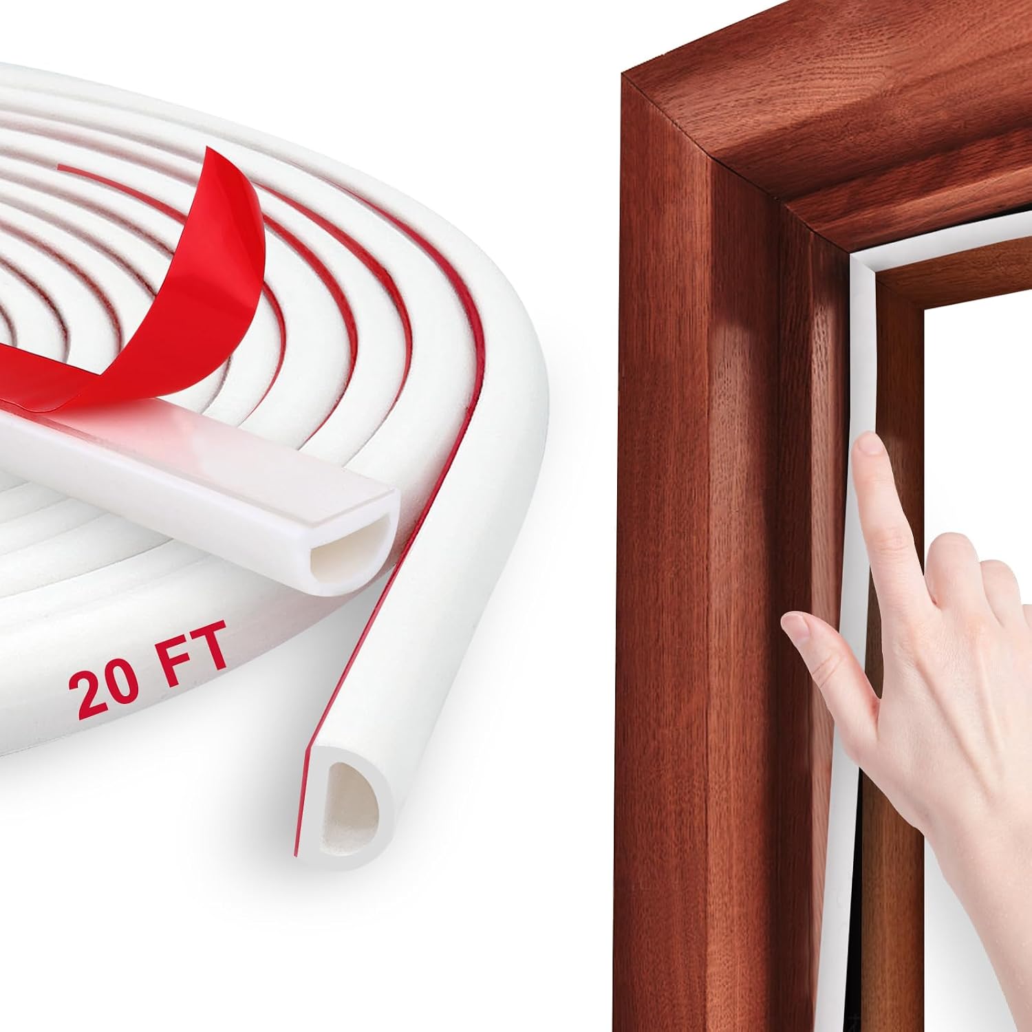 White self-adhesive D-profile foam door seal with 20 ft roll and wooden door-frame installation example